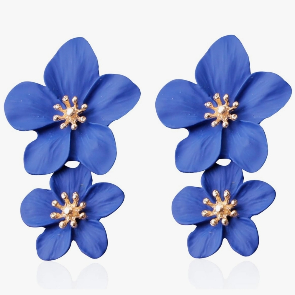 🆕 Bohemian Blue Gold Daisy Flower Matte Floral Petal Drop Dangle Layered Tiered